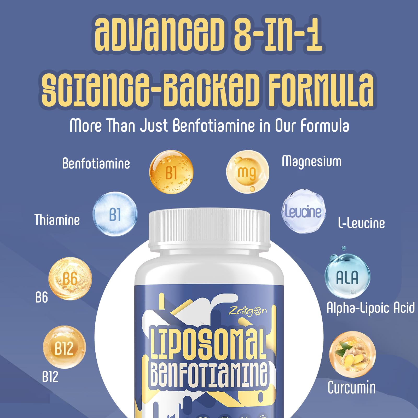 Zaigon benfotiamine bottle label graphic highlighting liposomal delivery