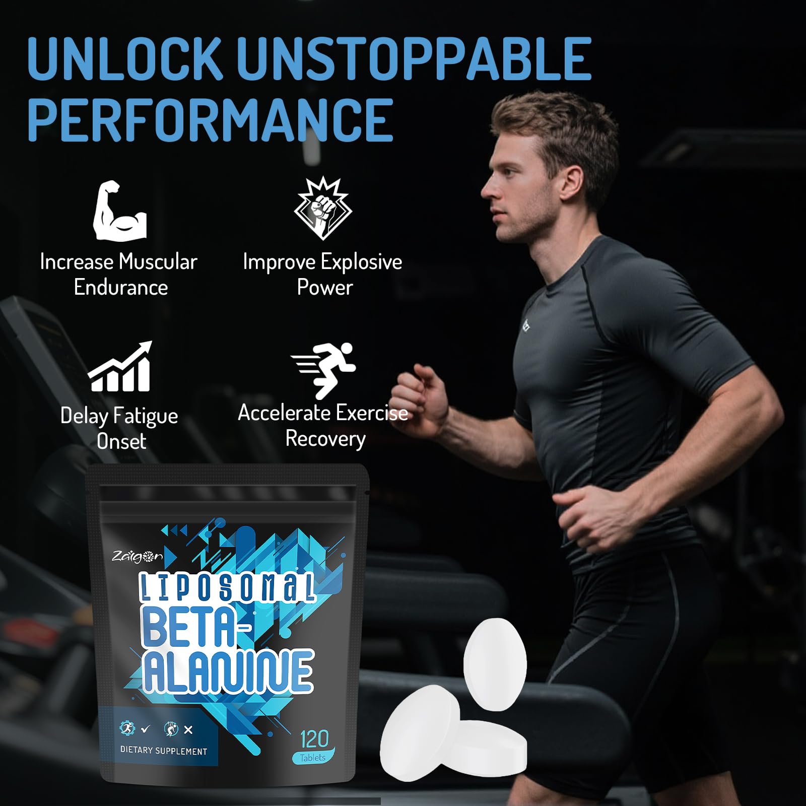 Zaigon beta alanine tablets close-up, easy-to-dose and convenient.