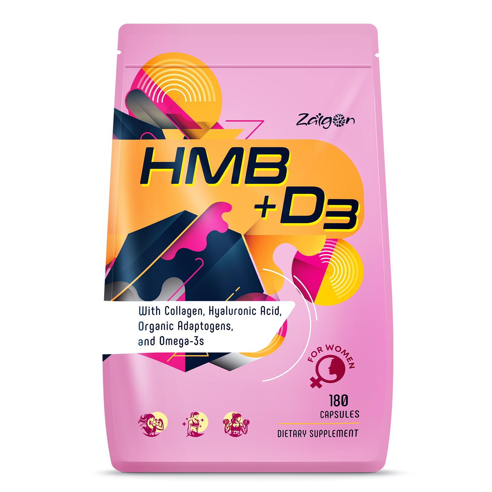 Zaigon HMB for Women bottle front showing a multi-benefit supplement for active lifestyles.
