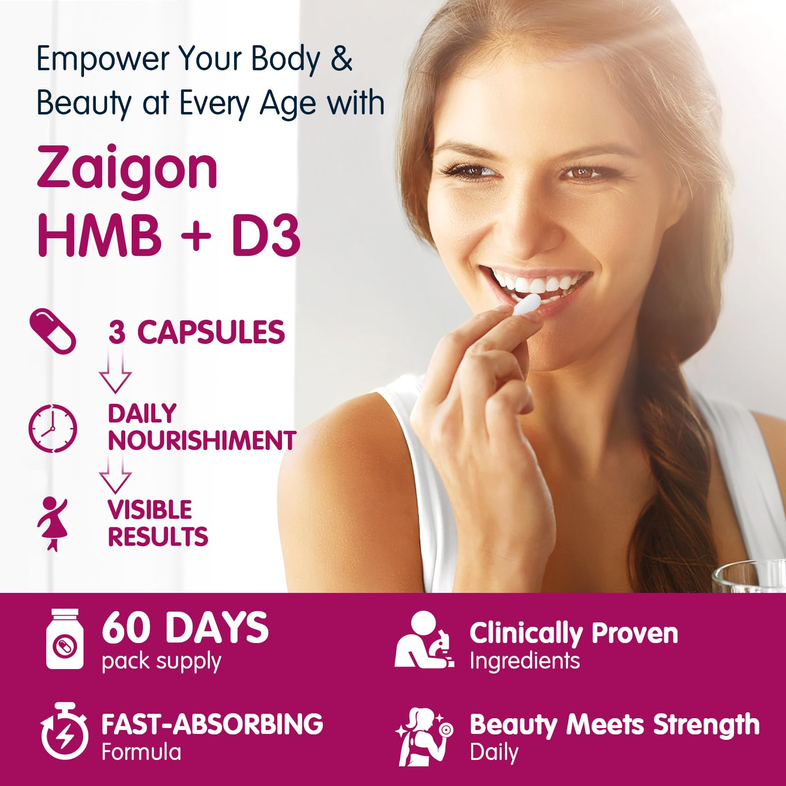 Zaigon HMB collagen and hyaluronic acid for skin hydration and elasticity.