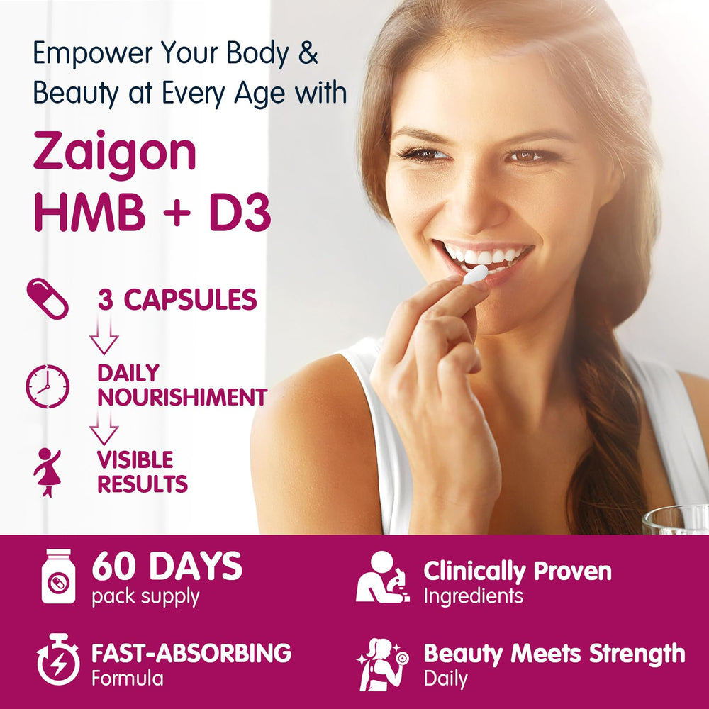 Zaigon HMB collagen and hyaluronic acid for skin hydration and elasticity.