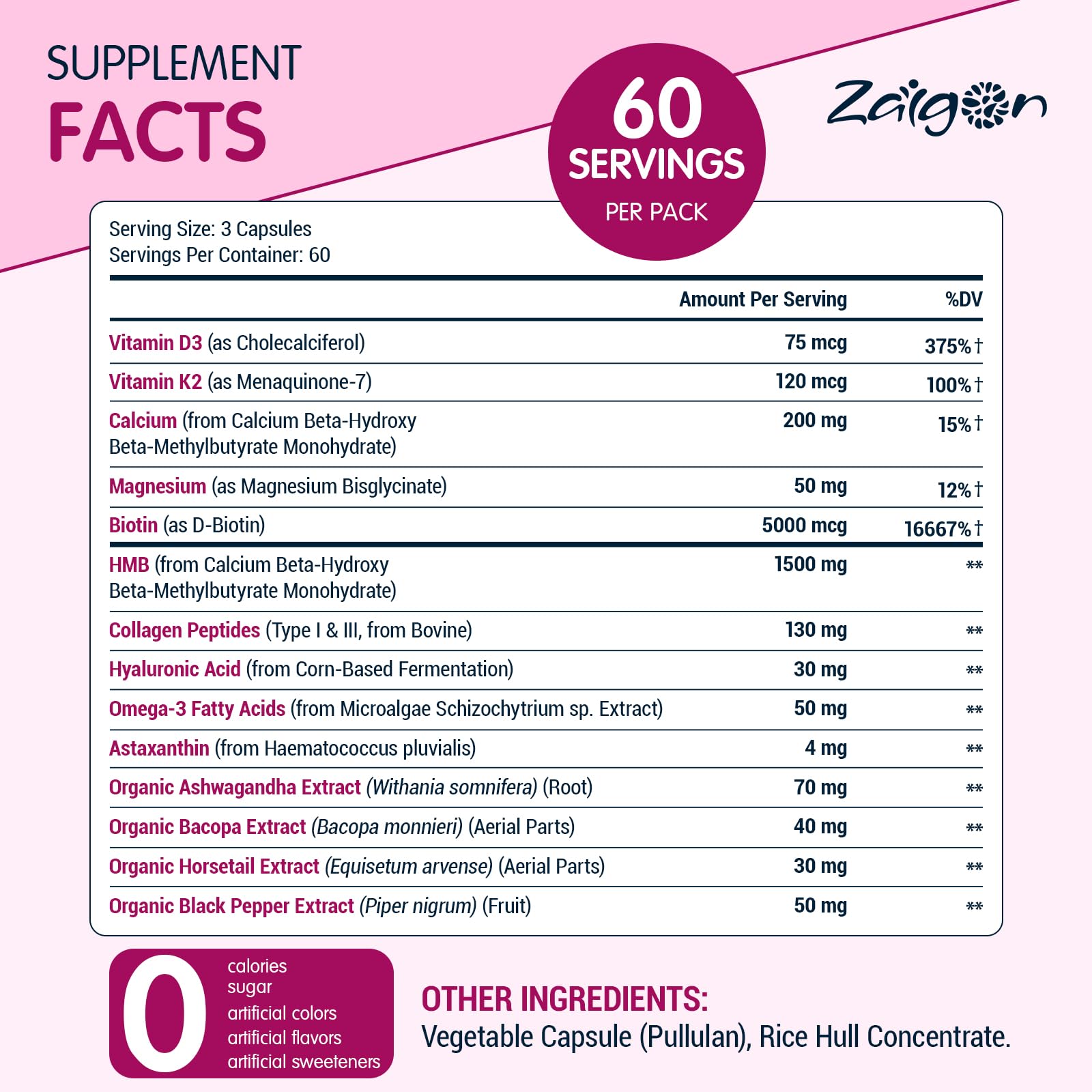 Zaigon HMB horsetail silica indicating natural hair vitality support.