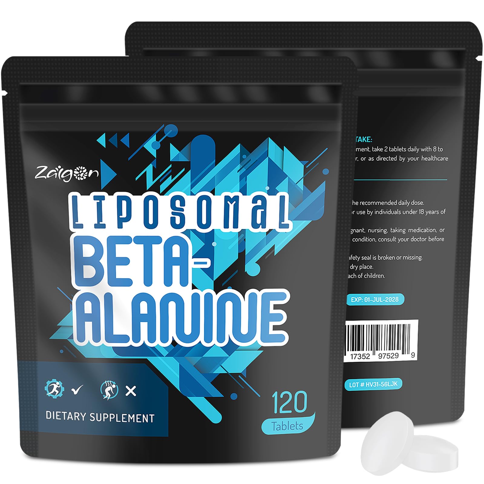 Zaigon liposomal beta alanine bottle showing dosage for efficient absorption.
