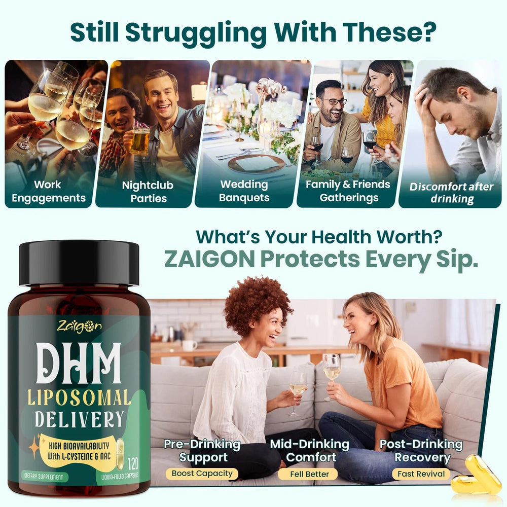 Zaigon liposomal DHM label showing vegan, clean ingredients and no artificial fillers.