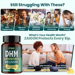 Zaigon liposomal DHM label showing vegan, clean ingredients and no artificial fillers.