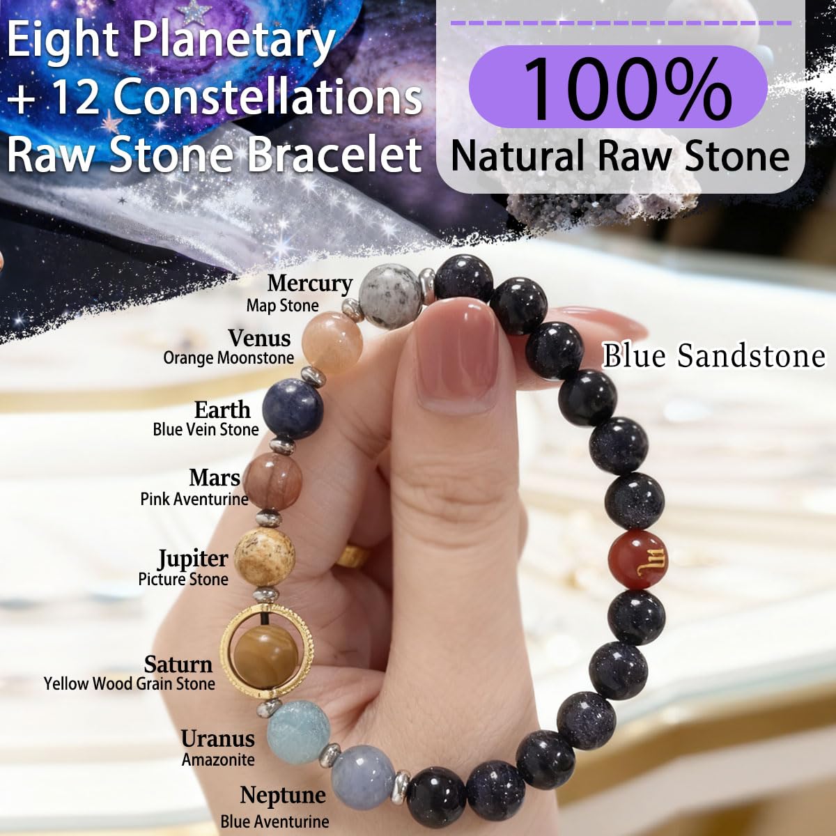 ZaisuiFun bracelet close-up of blue sandstone beads with golden sparkles