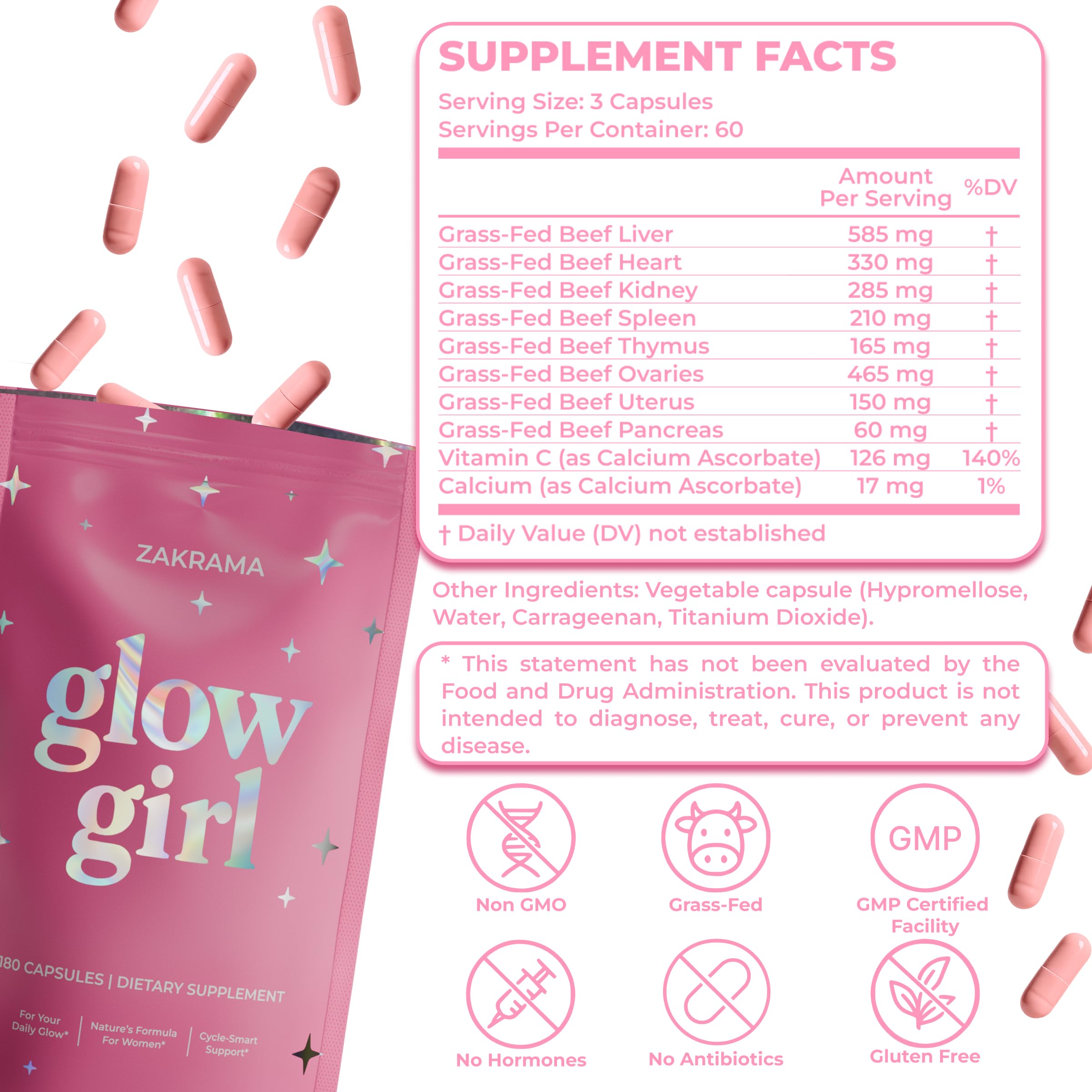 Zakrama Glow Girl label highlights grass-fed organ blend for clean nutrition.