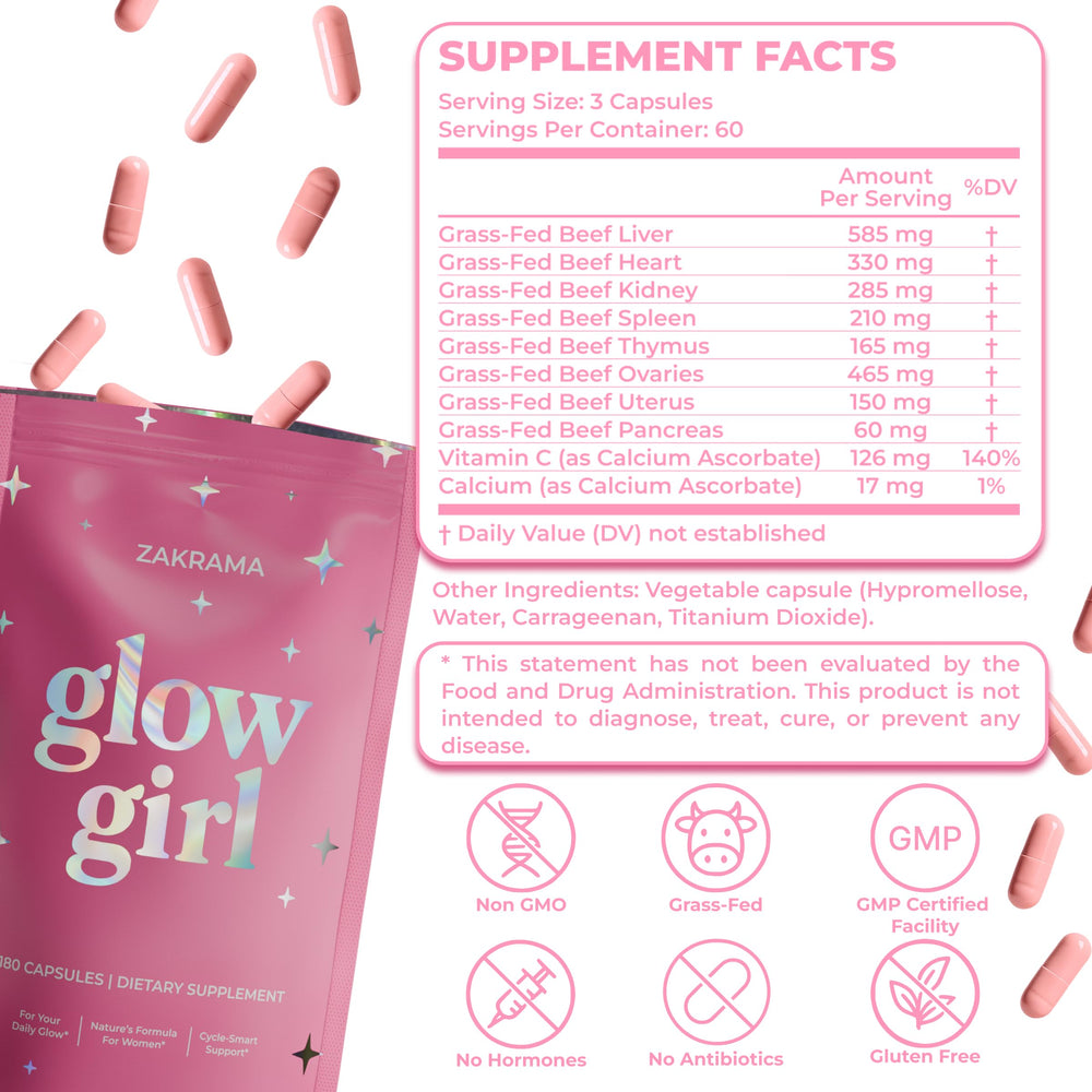 Zakrama Glow Girl label highlights grass-fed organ blend for clean nutrition.