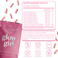Zakrama Glow Girl label highlights grass-fed organ blend for clean nutrition.