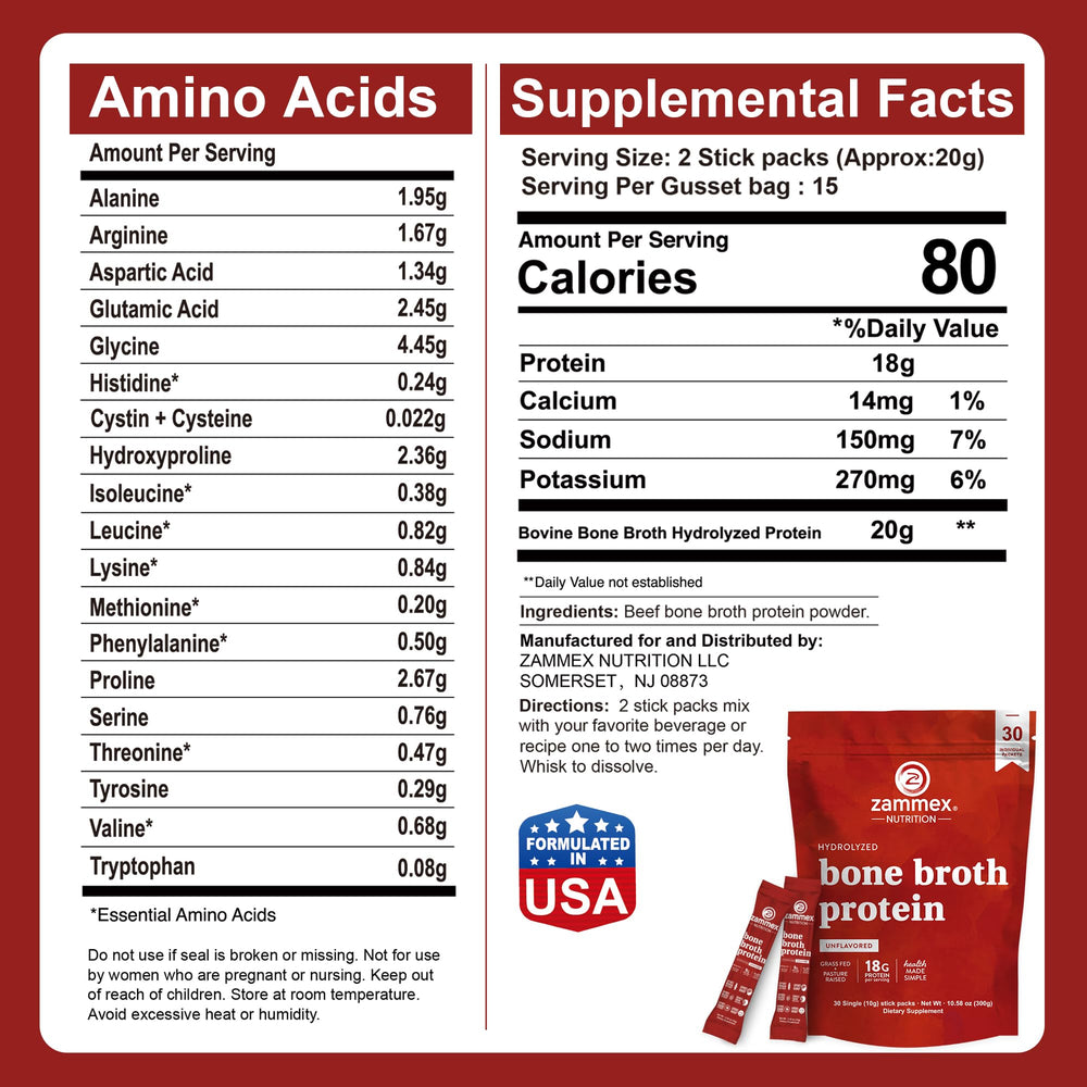 Zammex 20g serving of bone broth protein in a compact stick.