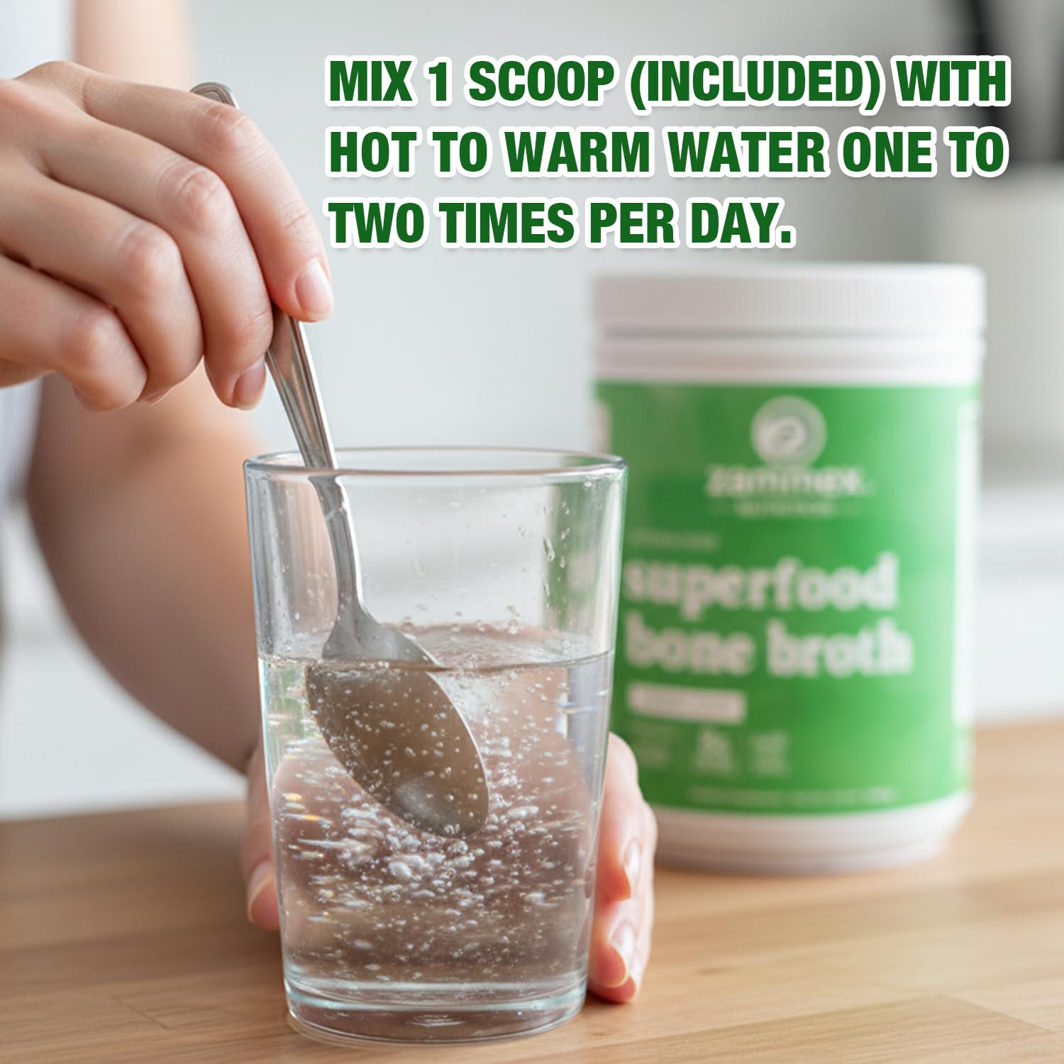 Zammex Bone Broth Plus Turmeric closeup on powder jar suggests mix-ready convenience