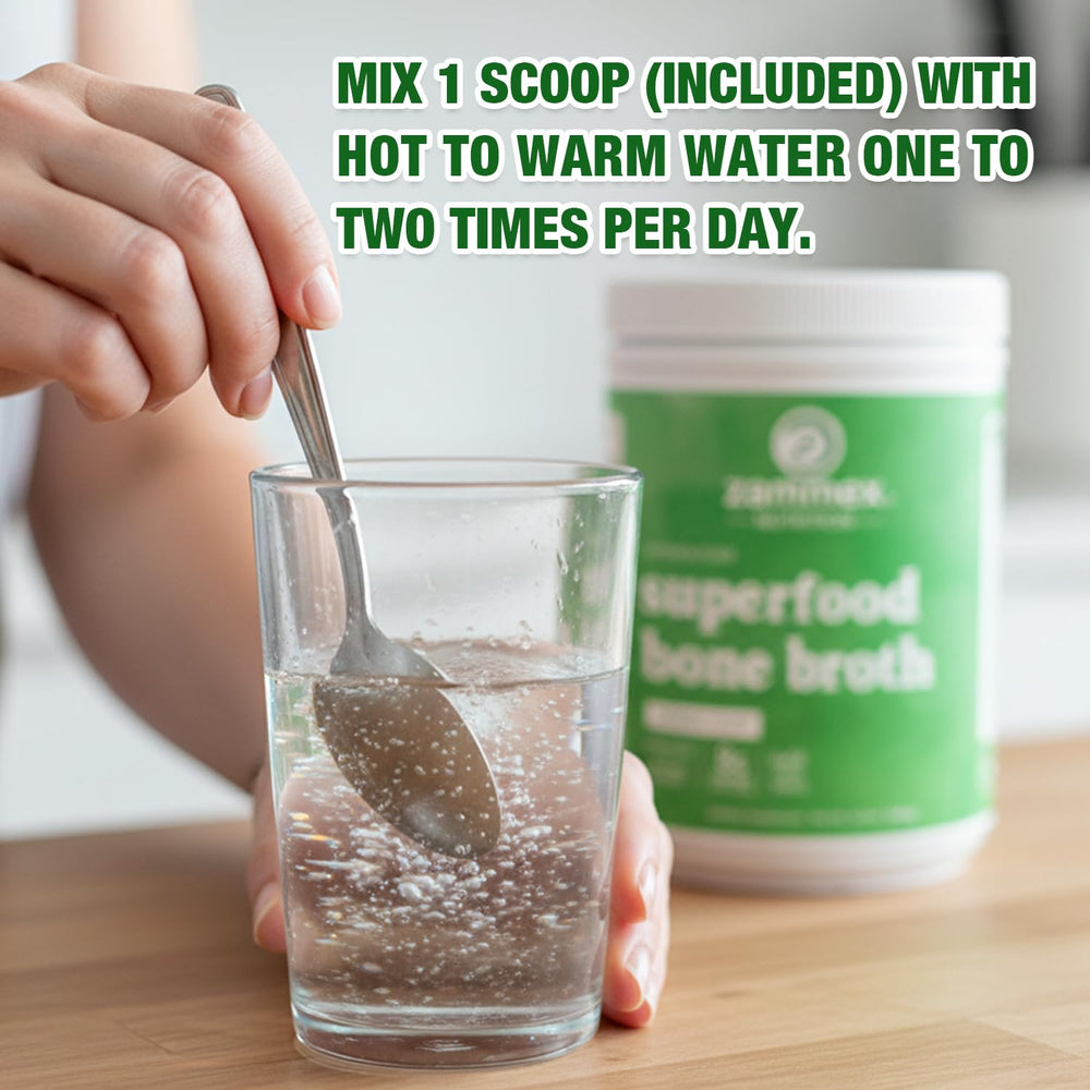 Zammex Bone Broth Plus Turmeric closeup on powder jar suggests mix-ready convenience