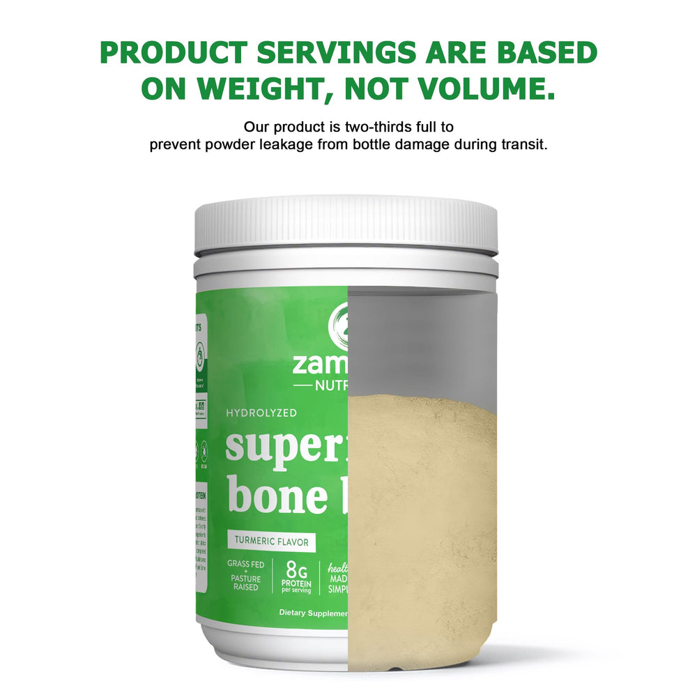 Zammex Bone Broth Plus Turmeric ingredients panel highlights kale and mushrooms