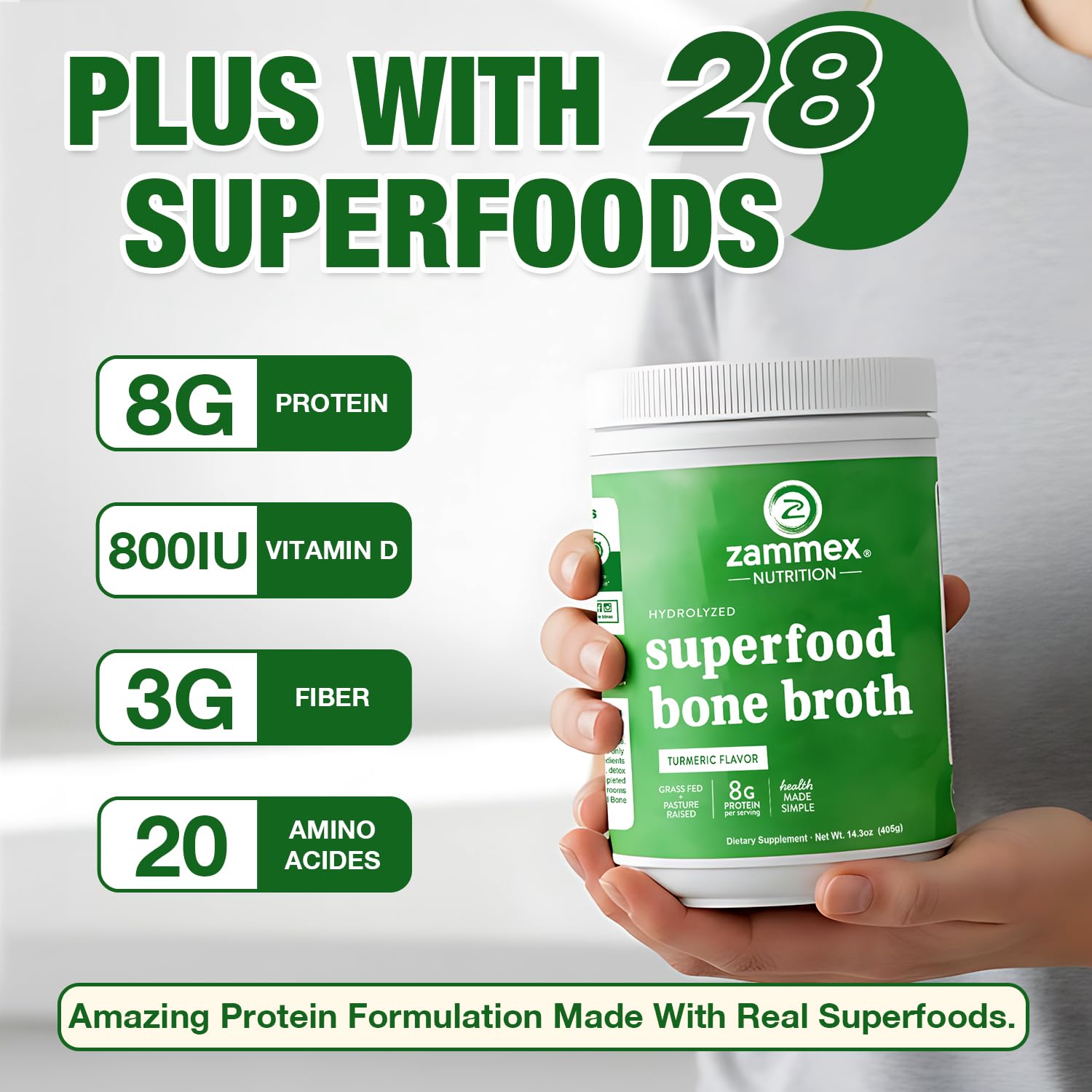 Zammex Bone Broth Plus Turmeric powder detail shows vibrant color and texture