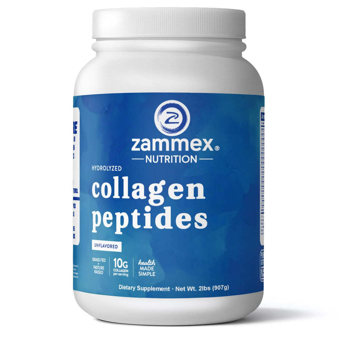 Zammex Collagen Peptides tub front label highlights grass-fed sourcing