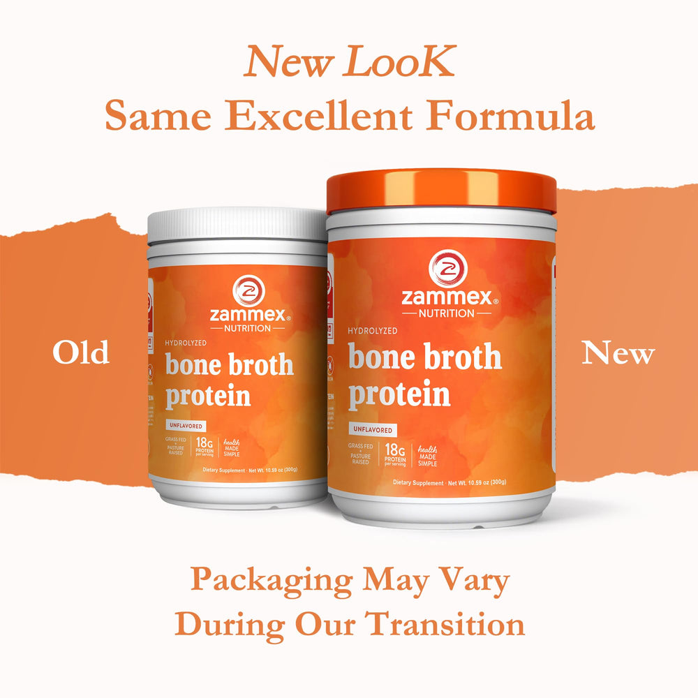 Zammex grass-fed bone broth powder scoop ideal for smoothies or soups.