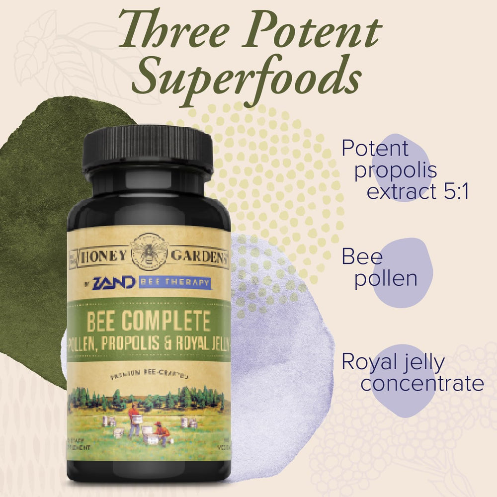 Close-up of ZAND Bee Therapy capsules in an apitherapy-inspired formula