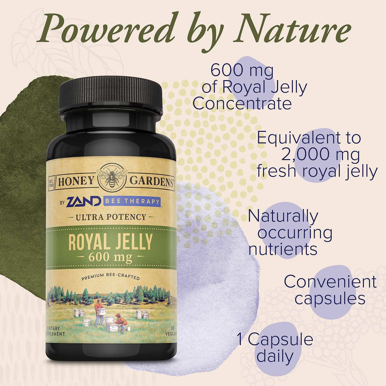 ZAND Honey Gardens ingredients panel highlights natural royal jelly nutrients.