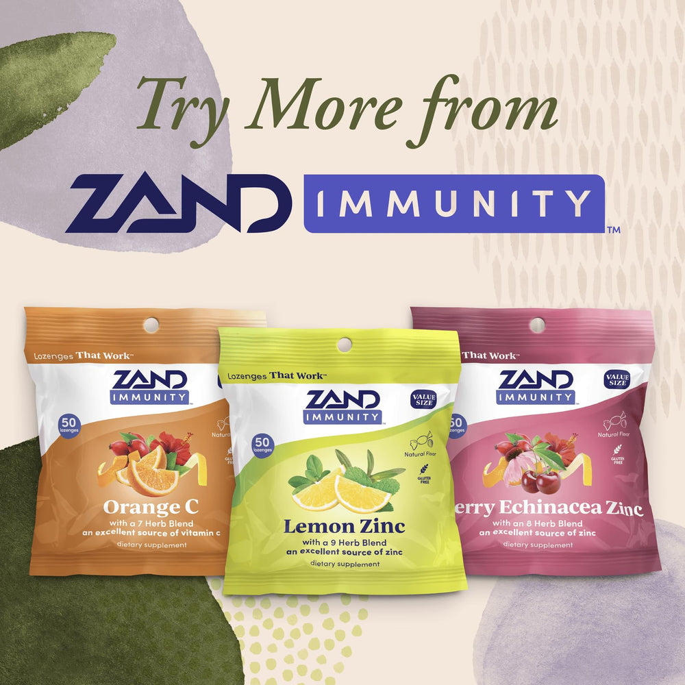 ZAND Immunity gluten-free label demonstrates vegan, non-GMO lozenges without corn syrup.
