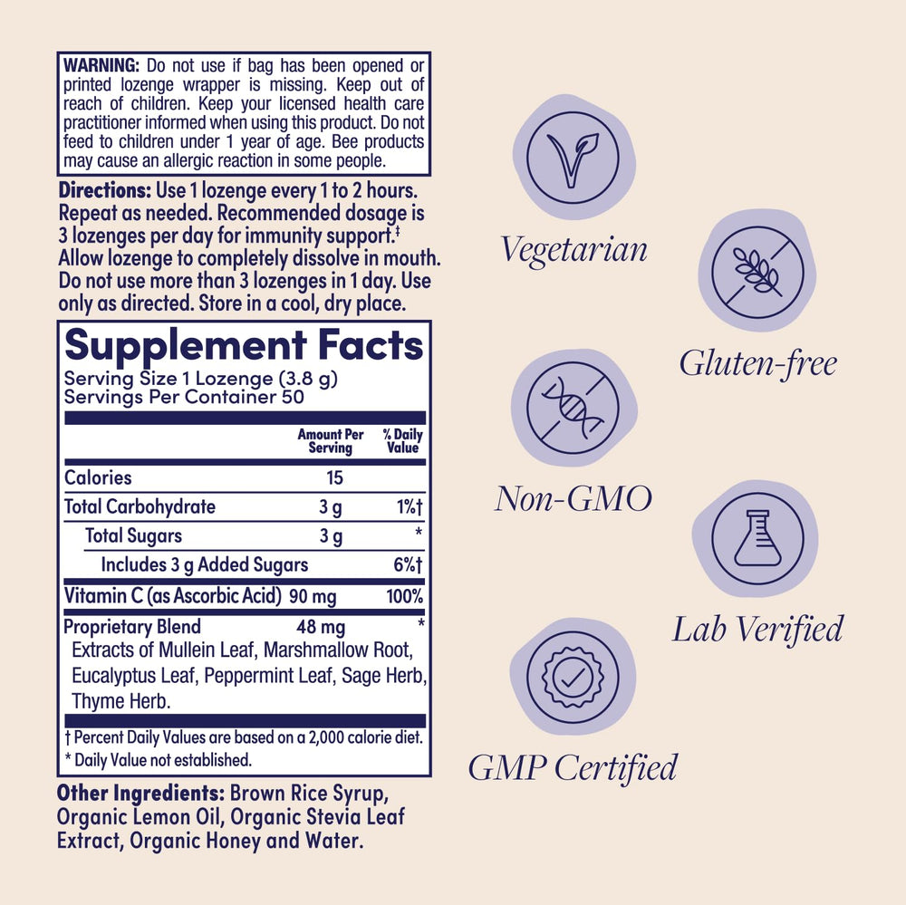 Close-up of ZAND Immunity Lozenges showing lemon flavor and organic honey