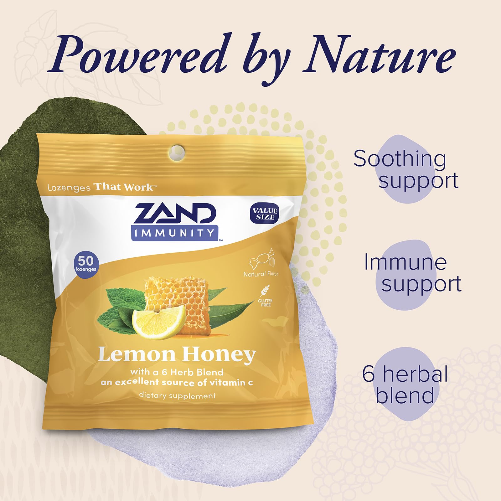 Organic honey swirl and lemon notes on ZAND Immunity Lozenges label