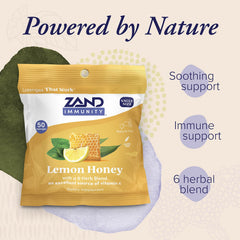 Organic honey swirl and lemon notes on ZAND Immunity Lozenges label