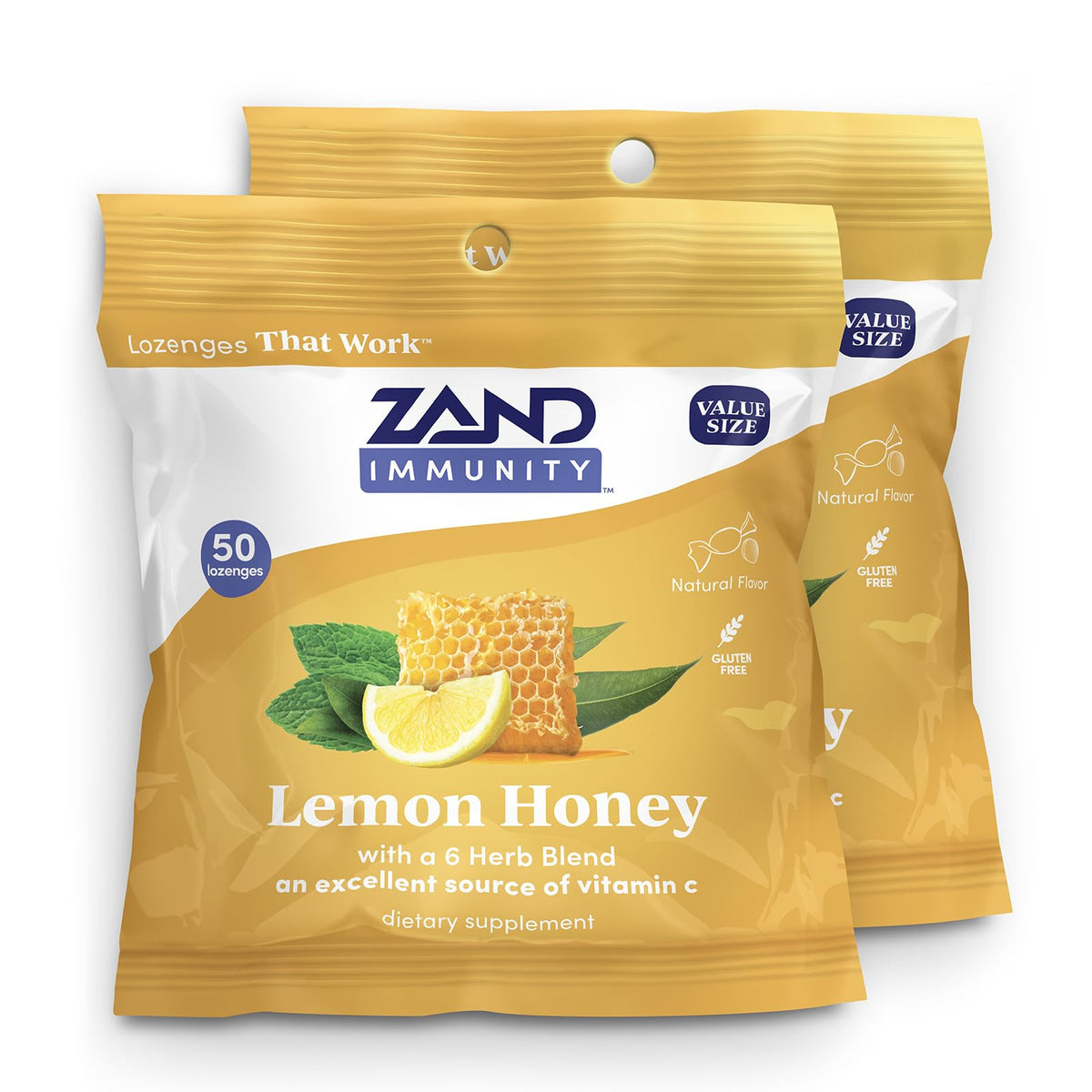 ZAND Immunity Lemon Honey Lozenges pack front with vitamin C and soothing throat support