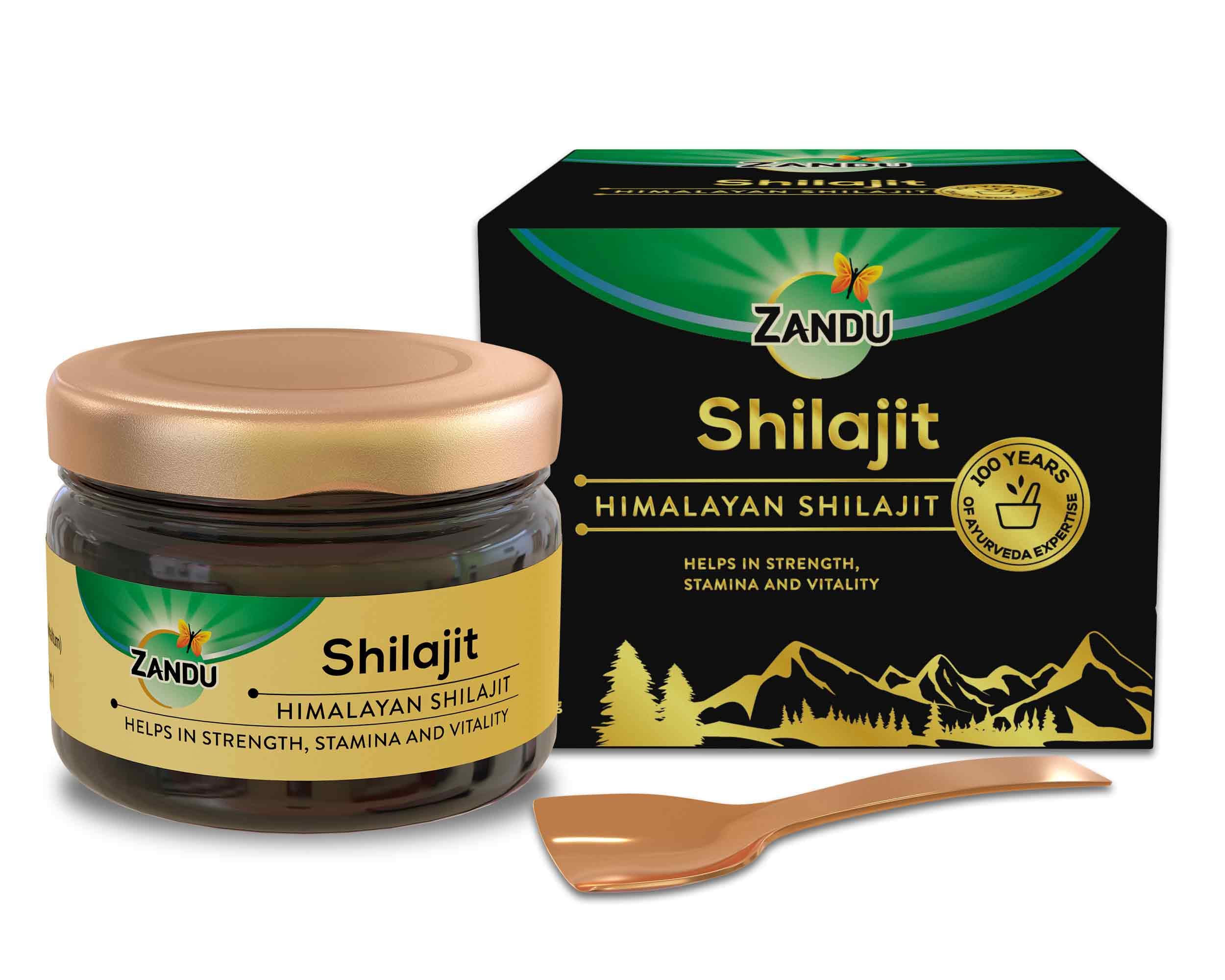 Zandu Himalayan Shilajit Resin bottle highlighting energy support for daily routines.