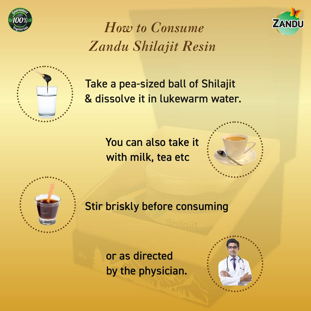 Zandu Himalayan Shilajit Resin dose spoon illustrating easy daily usage for energy.
