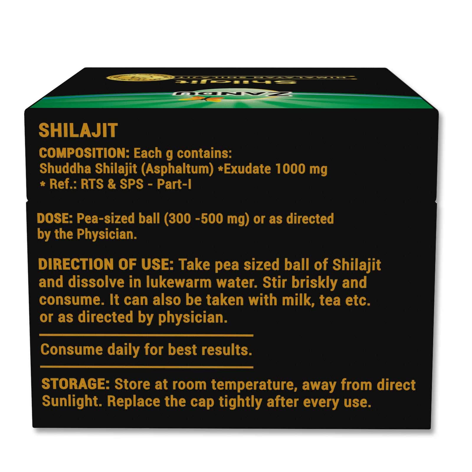 Zandu Himalayan Shilajit Resin label detail communicates vegan, natural energy support.