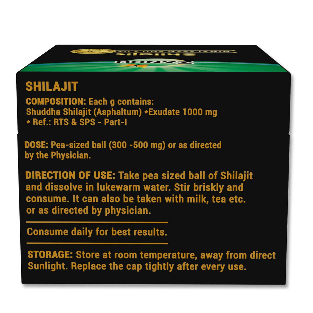 Zandu Himalayan Shilajit Resin label detail communicates vegan, natural energy support.