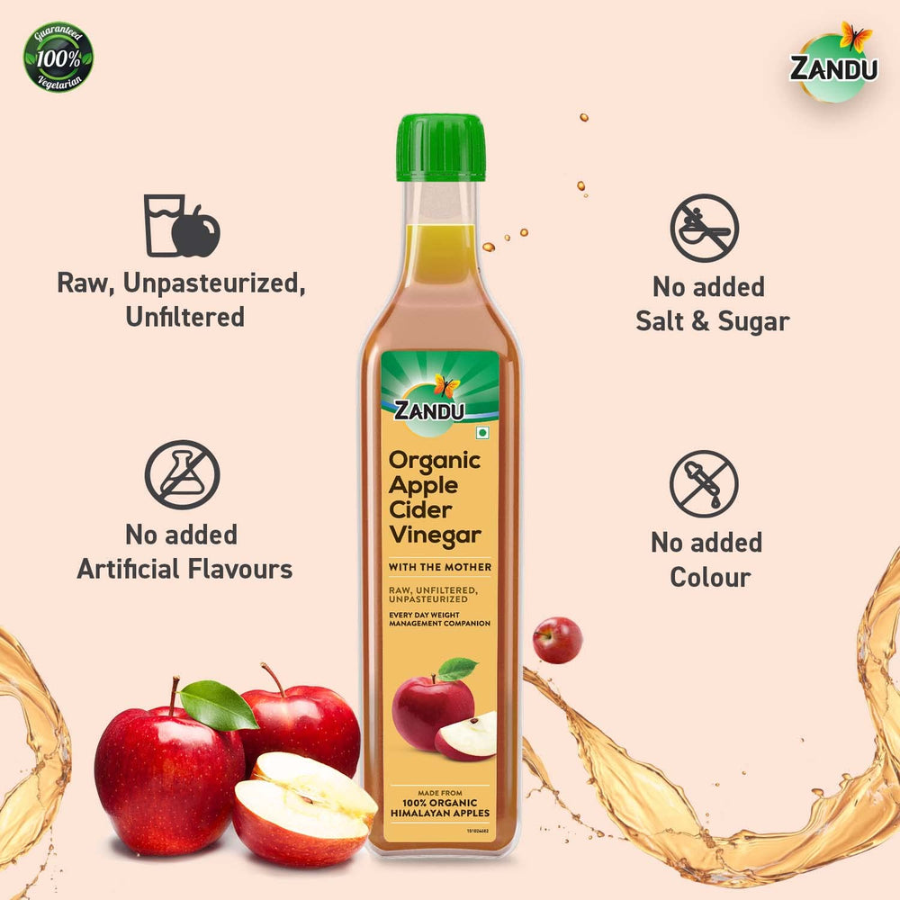 Zandu Organic Apple Cider label closeup, shows organic apple base.