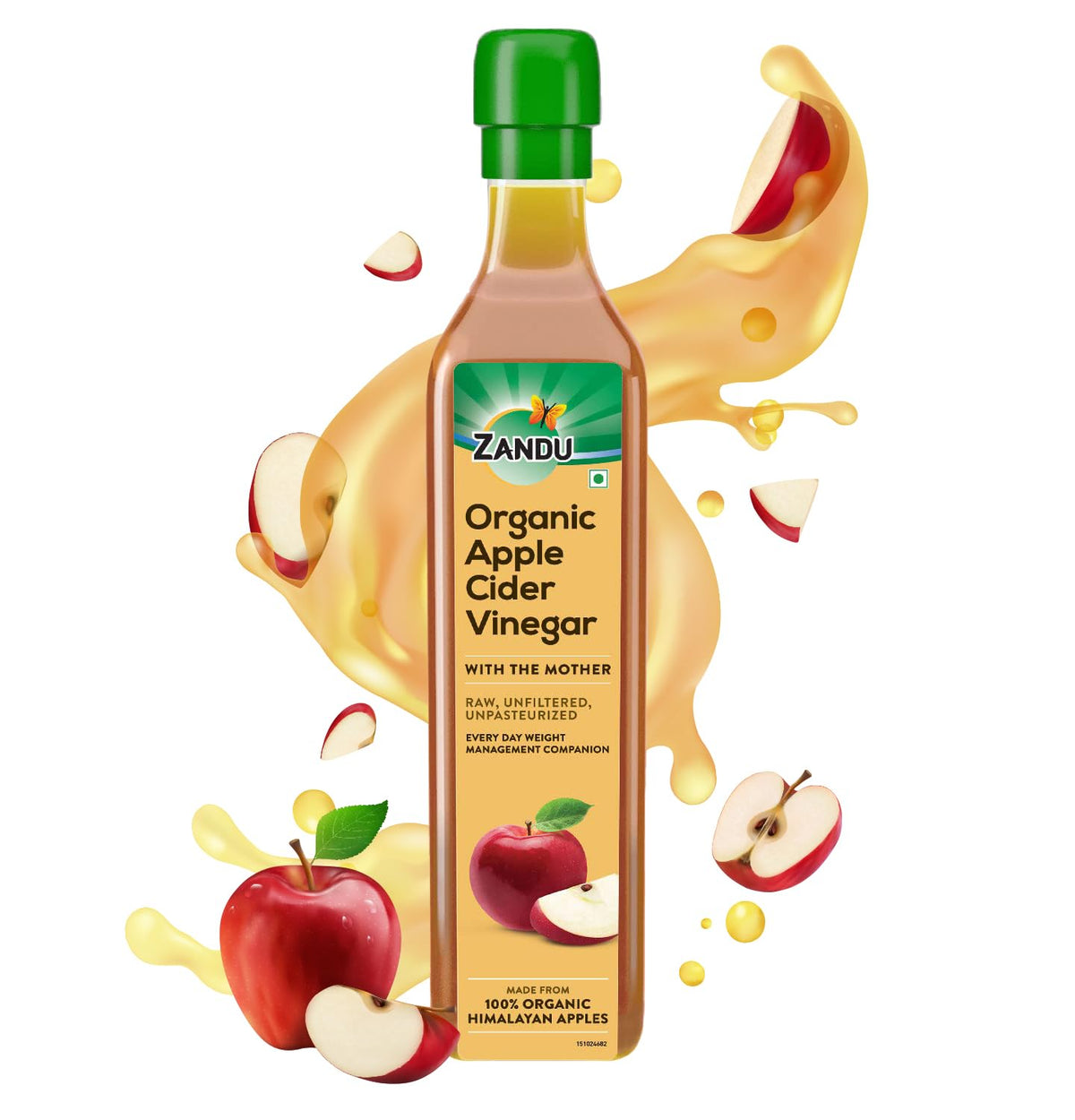 Zandu Organic Apple Cider with Mother in bottle on counter, ideal for dressings.