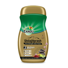 Zandu Shilajitprash bottle close-up highlighting herbal vitality support.