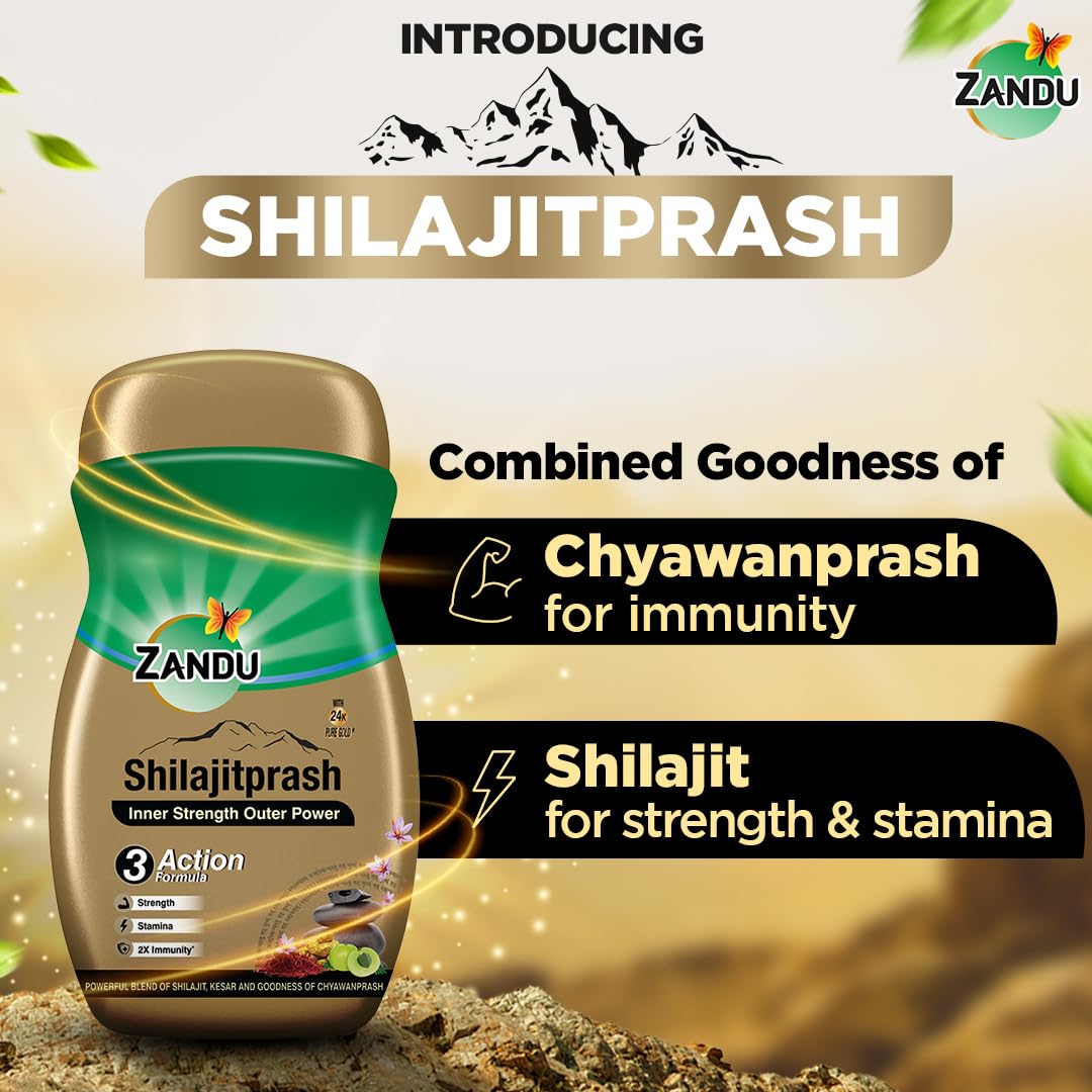 Zandu Shilajitprash packaging box displayed on a table.