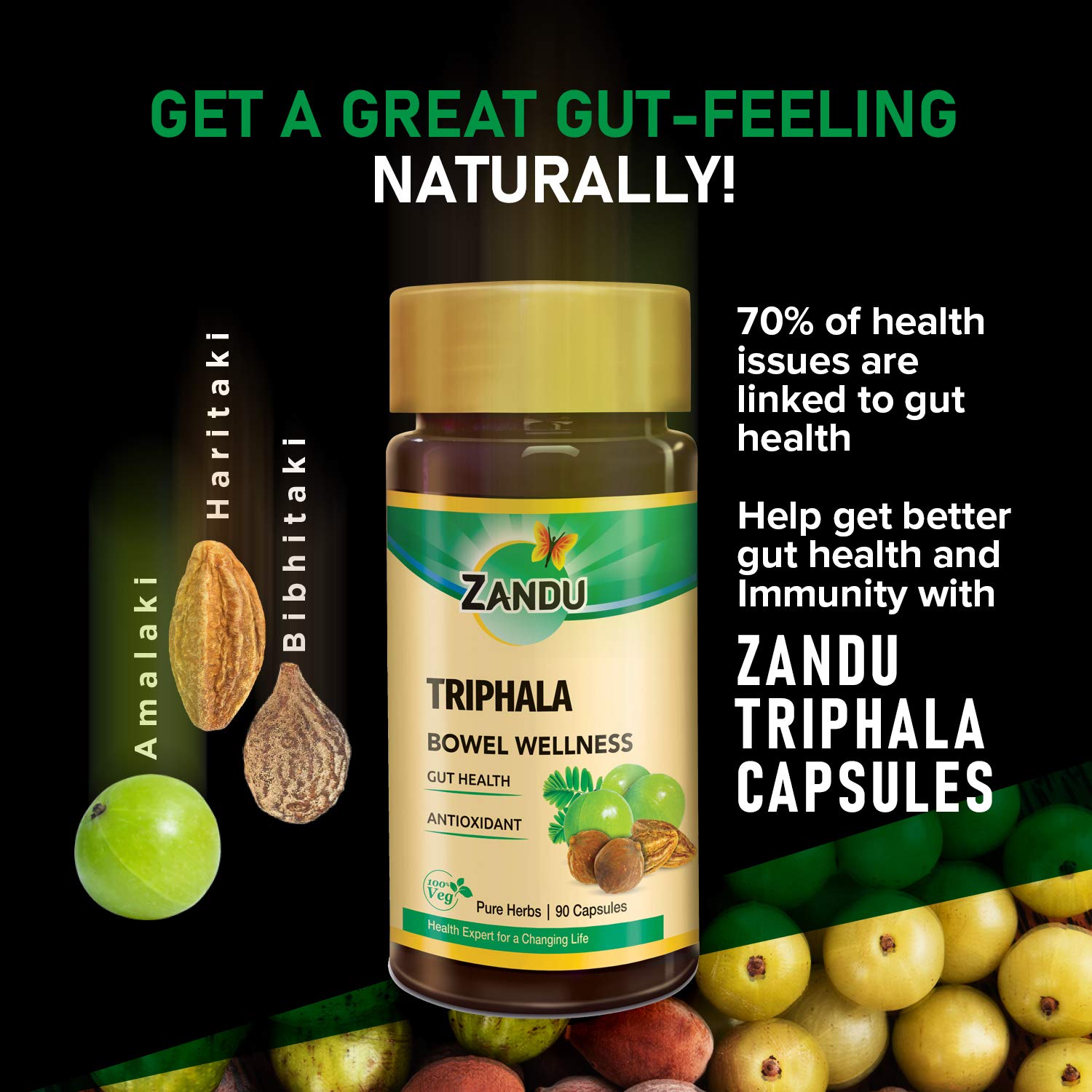 Zandu Triphala bottle closeup, premium herbal blend for gut health.