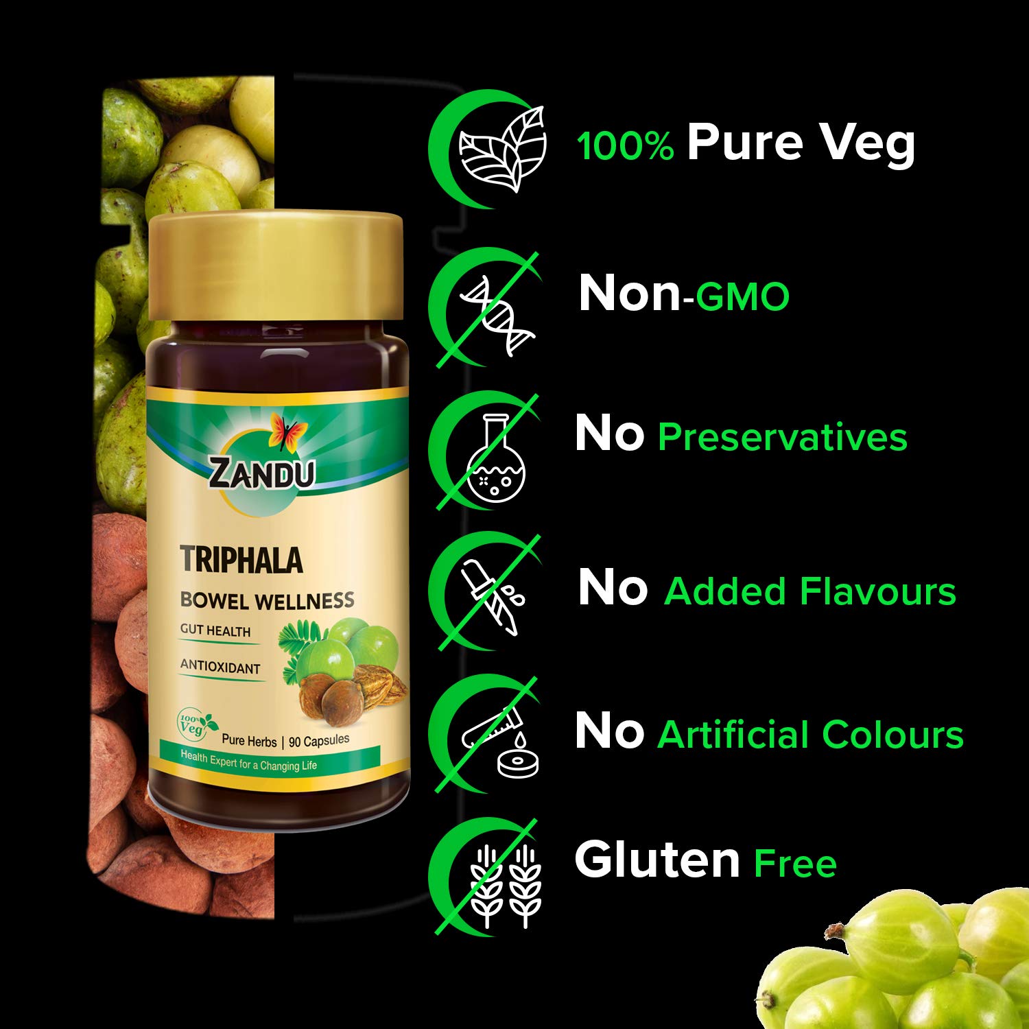 Zandu Triphala herbal blend of haritaki amla bibhitaki supports digestion.