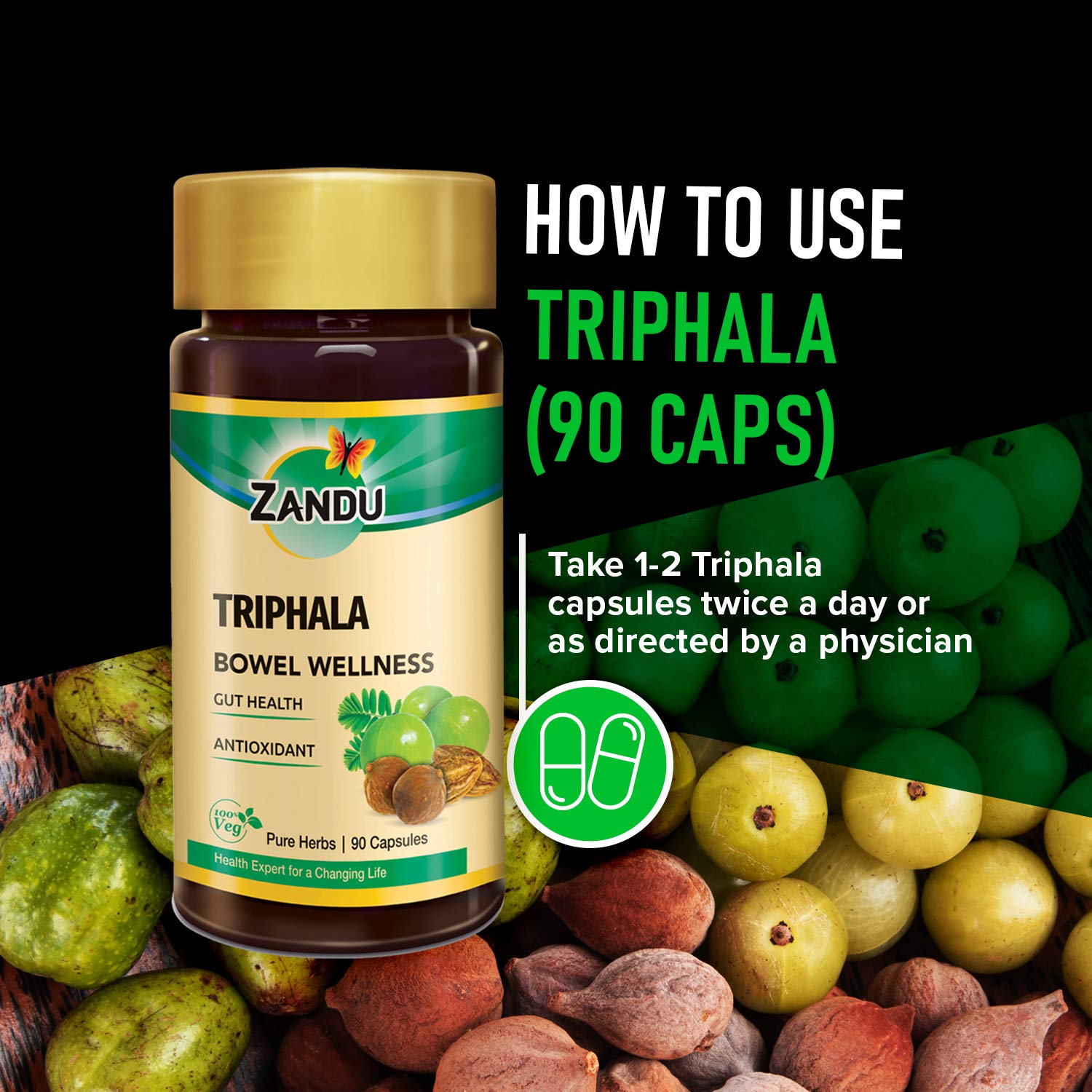 Zandu Triphala capsules label design, clear ingredients and GMP promise.