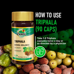 Zandu Triphala capsules label design, clear ingredients and GMP promise.