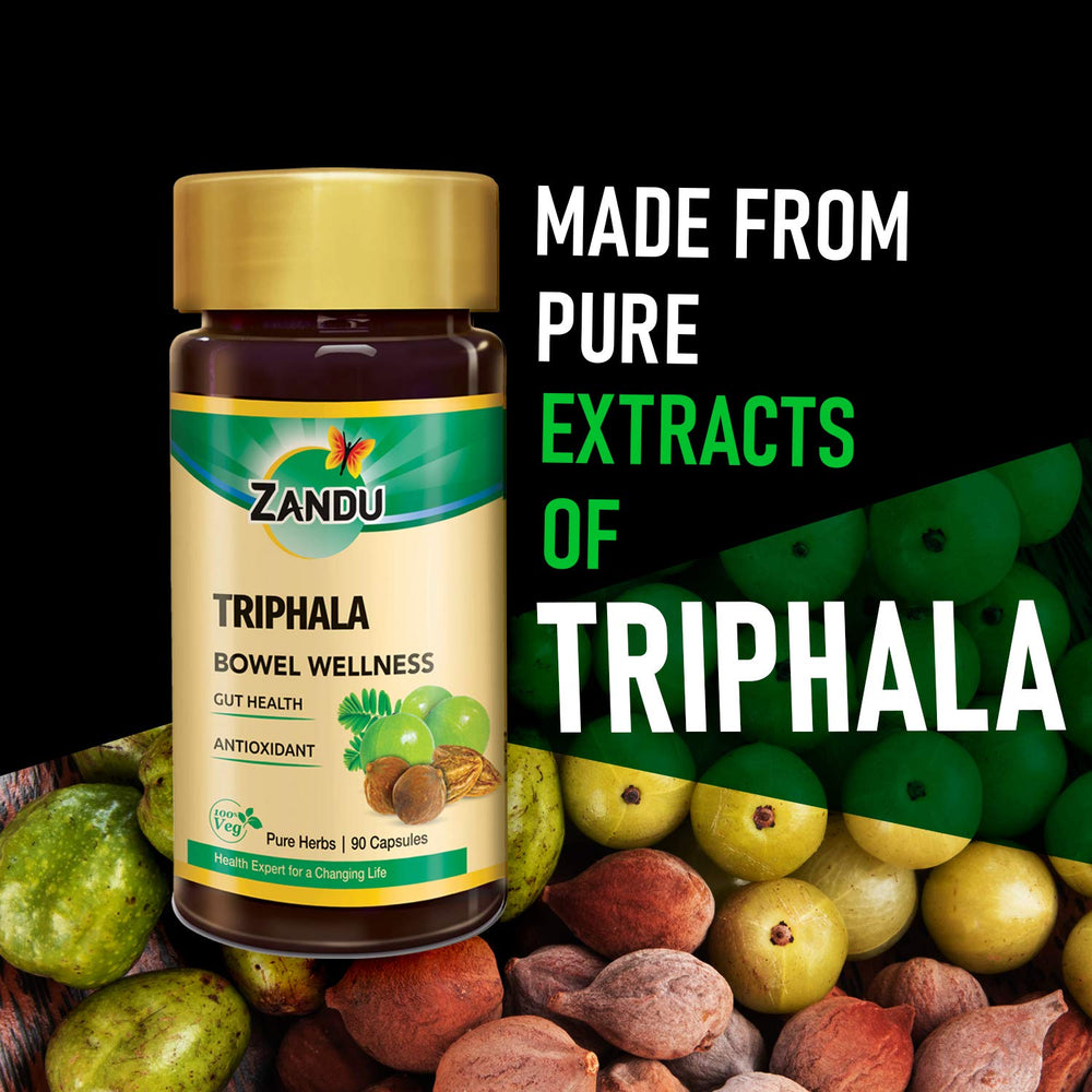 Zandu Triphala capsules lifestyle scene showing daily health routine.
