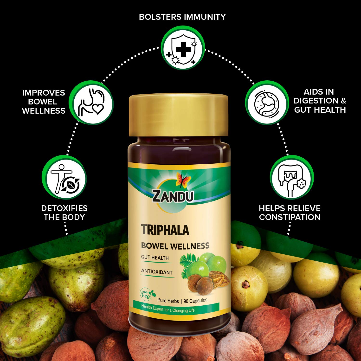 Zandu Triphala capsules packaging box, authentic Ayurvedic formula.