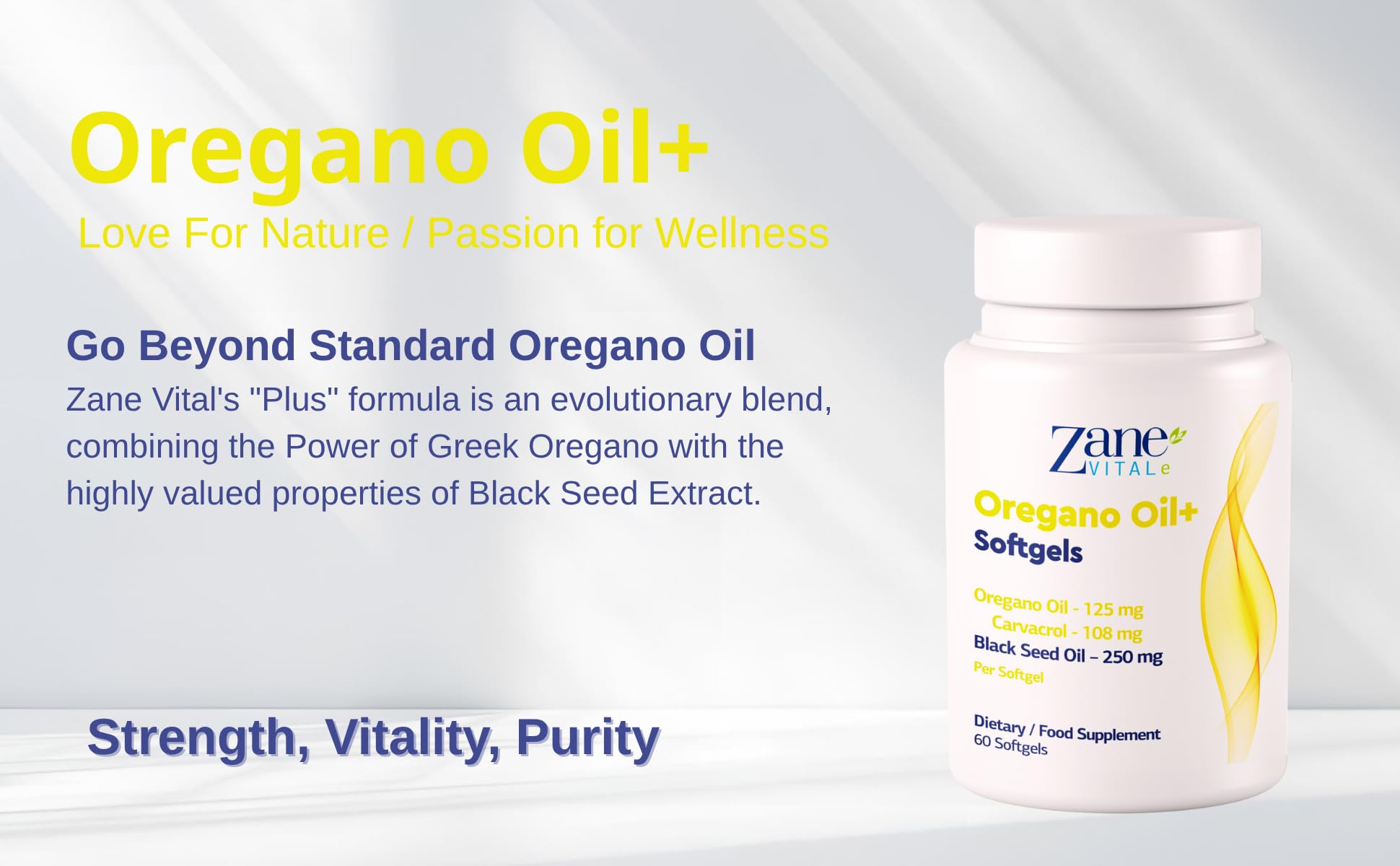 Zane VITALe ingredient panel highlights carvacrol and thymoquinone at a glance.