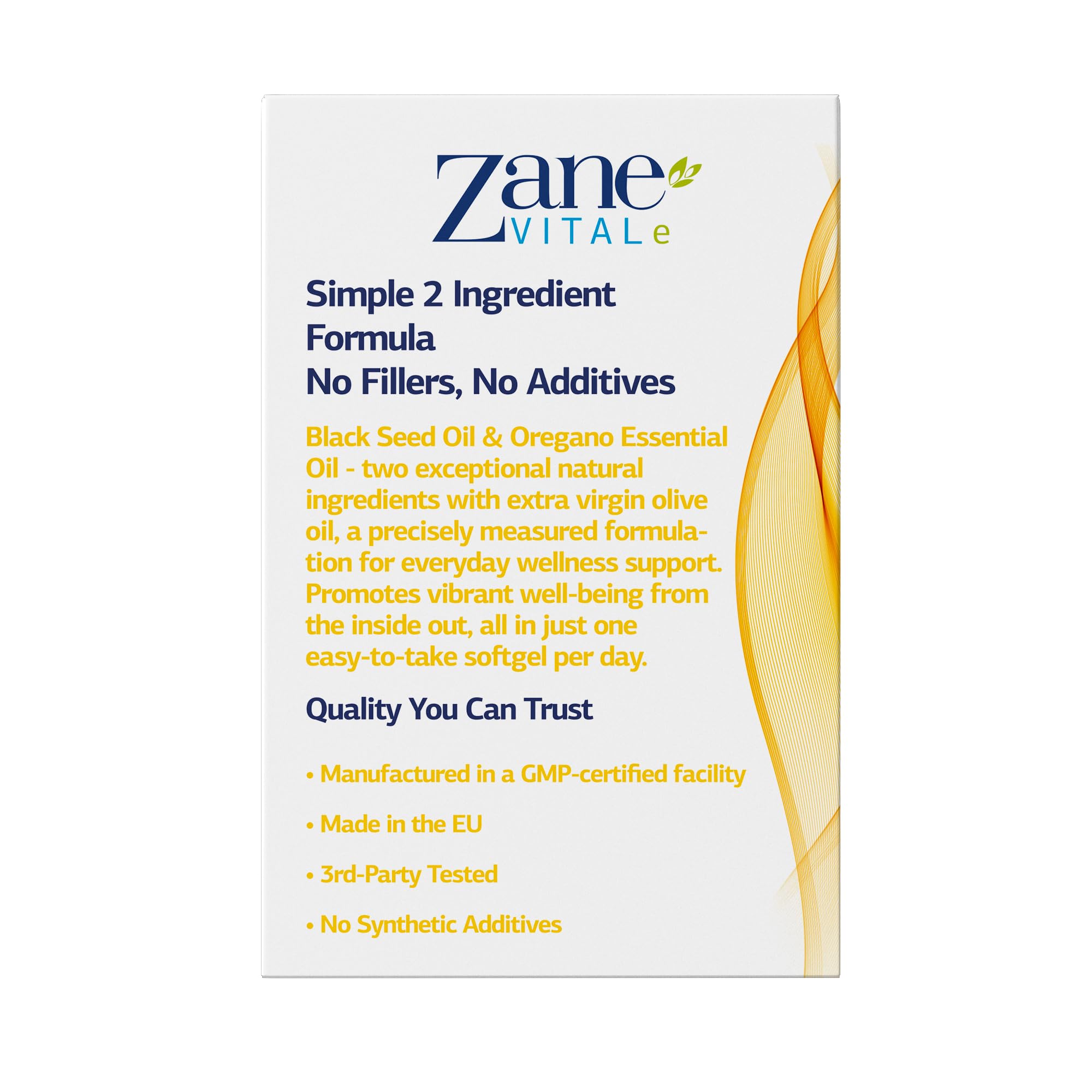 Zane VITALe Oregano Oil Plus Softgels label highlights non-GMO and gluten-free formula.