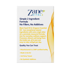 Zane VITALe Oregano Oil Plus Softgels label highlights non-GMO and gluten-free formula.