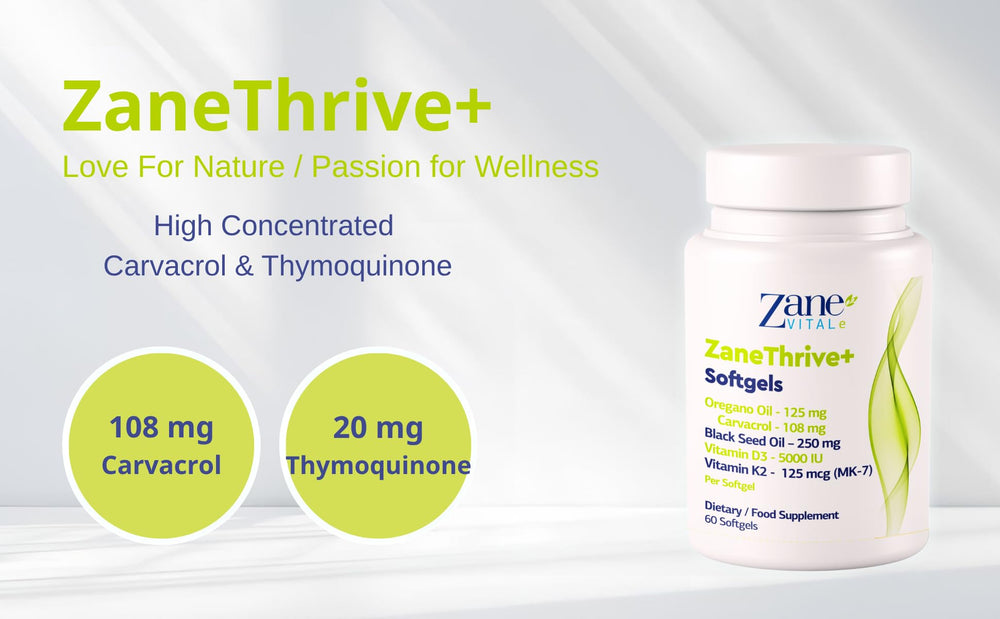 ZaneVITALe Zanethrive Plus bottle with glass conveys daily routine convenience.