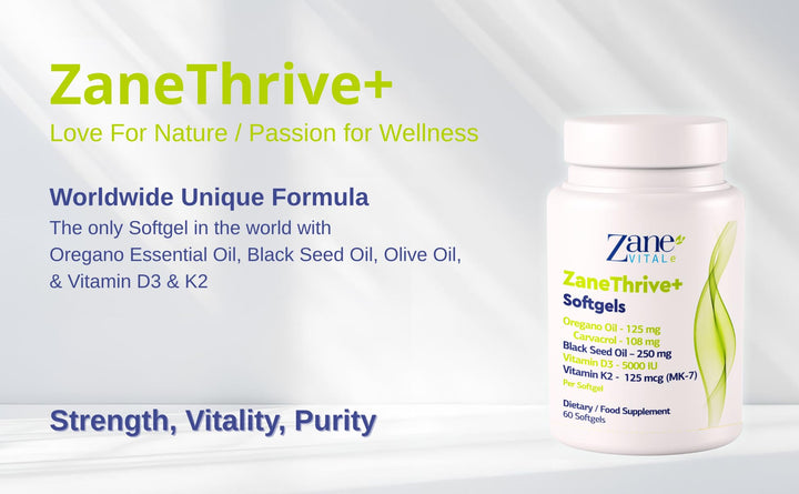 ZaneVITALe Zanethrive Plus D3 and K2 capsule detail communicates vitamin support.