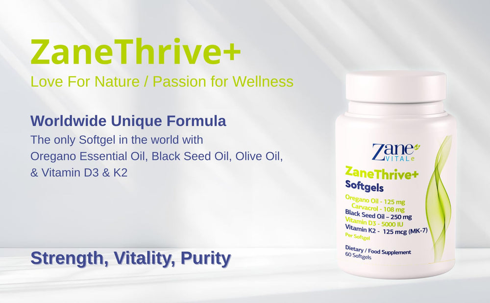 ZaneVITALe Zanethrive Plus D3 and K2 capsule detail communicates vitamin support.