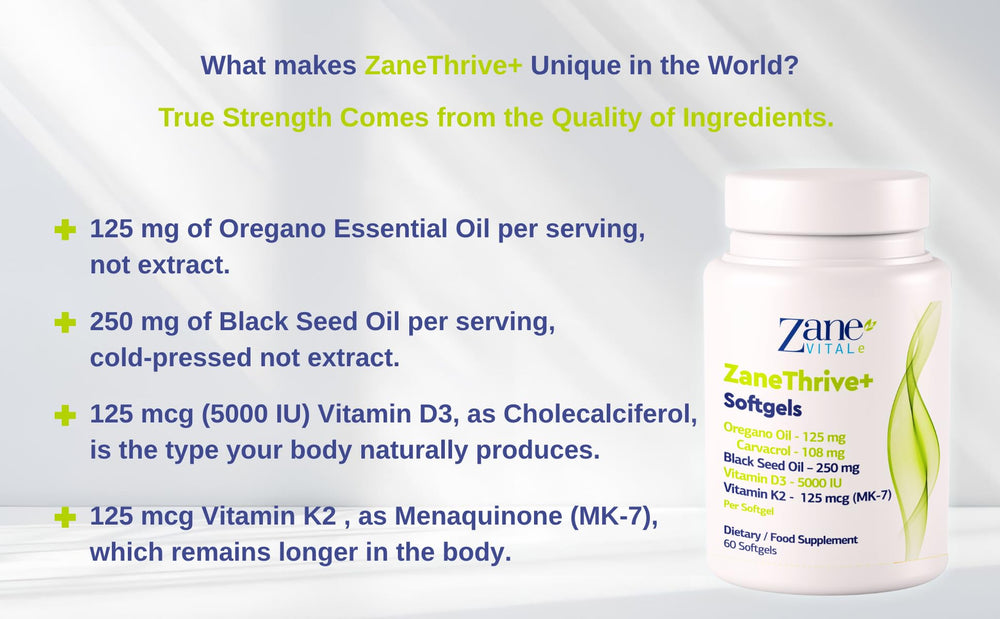 ZaneVITALe Zanethrive Plus packaging shot signals GMP-certified production.