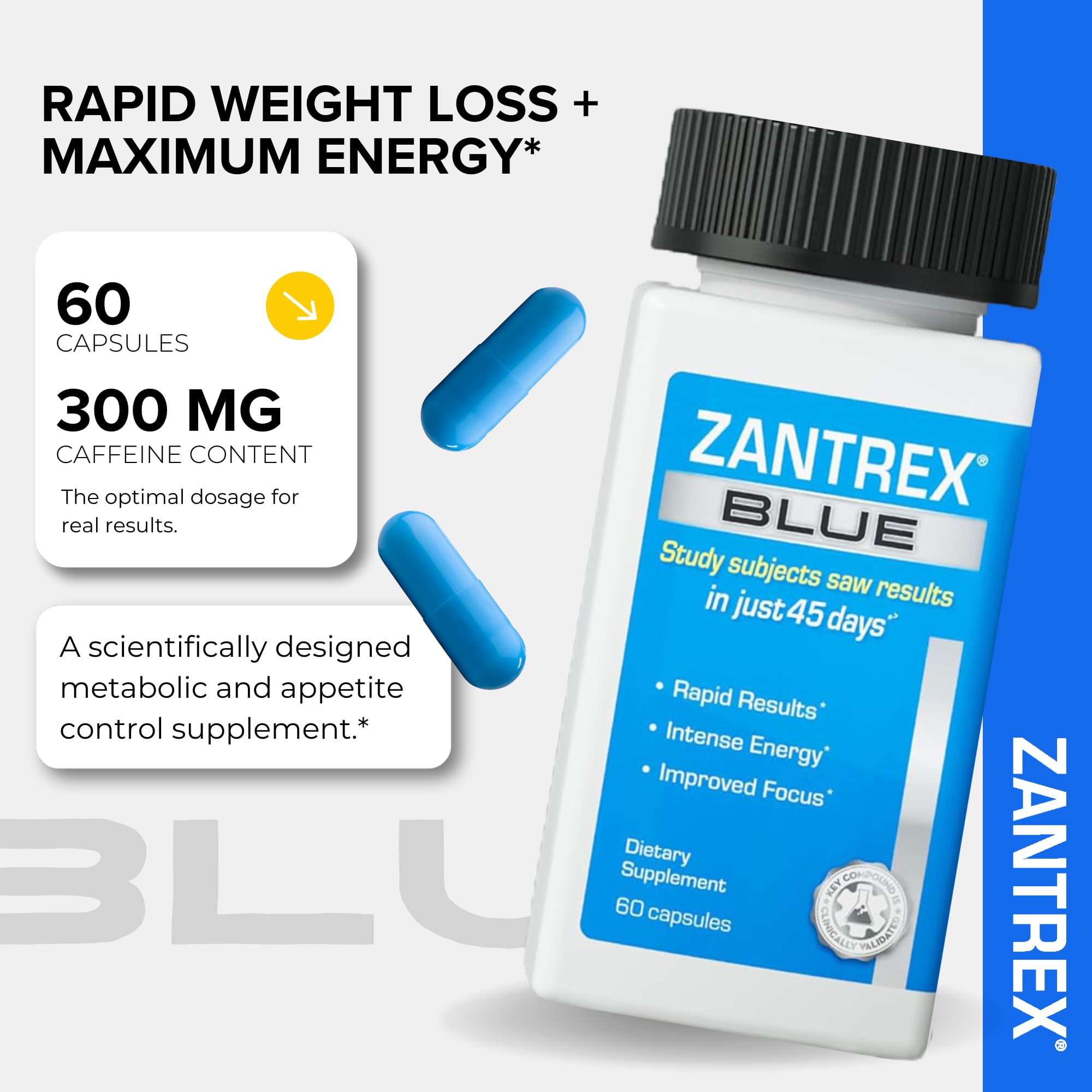 Zantrex Blue capsules close-up, signaling easy daily intake for energy and appetite control.
