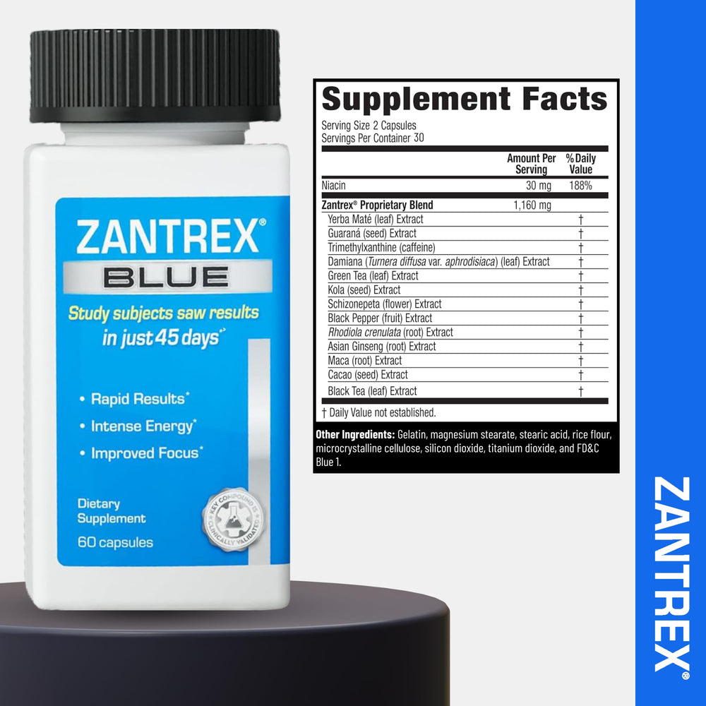 Zantrex Blue supports workout performance with quick energy bursts.